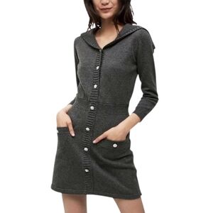 Maje Ralorie Grey Wool-blend Sweater Dress w Pockets & Gold Pearl Buttons sz 36